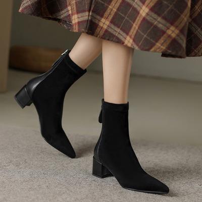 Женские эластичные сапоги 2024 года, осень-зима, новые, заостренные, из замши телесного цвета, с нескользящей молнией сзади, на высоком каблуке, модные сапоги Botas Mujer