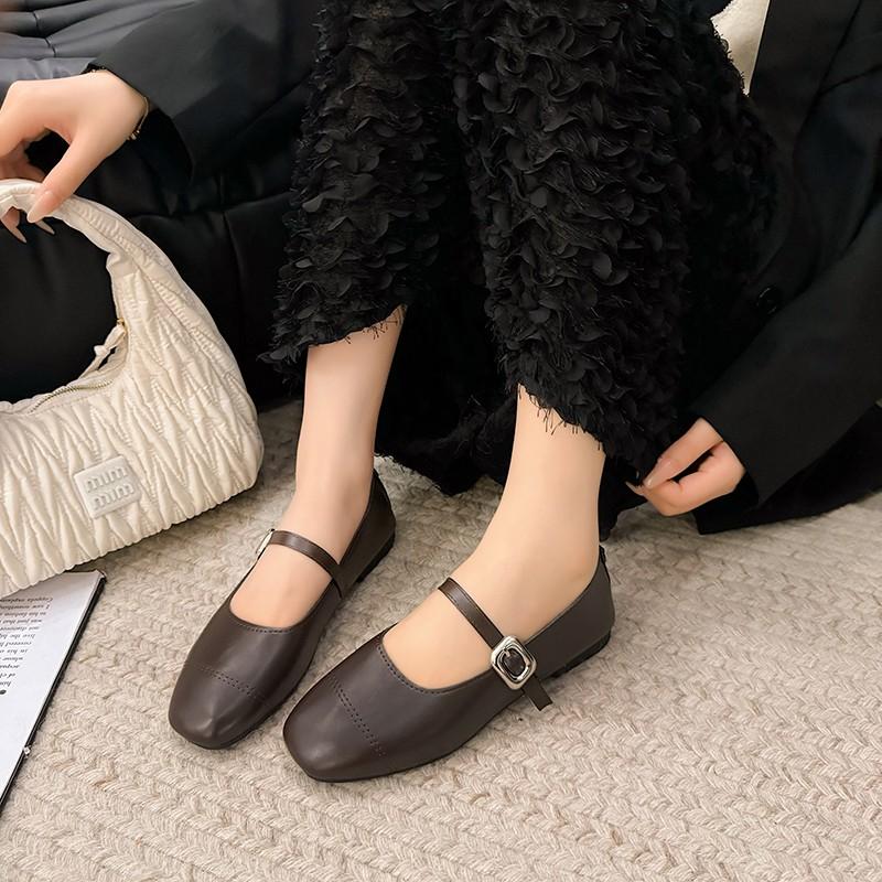 Fashion 2025 New Mary Jane Female High Quality Leather Buckle Ballet Shoes for Women Square Toe Flat Ladies Single Shoes