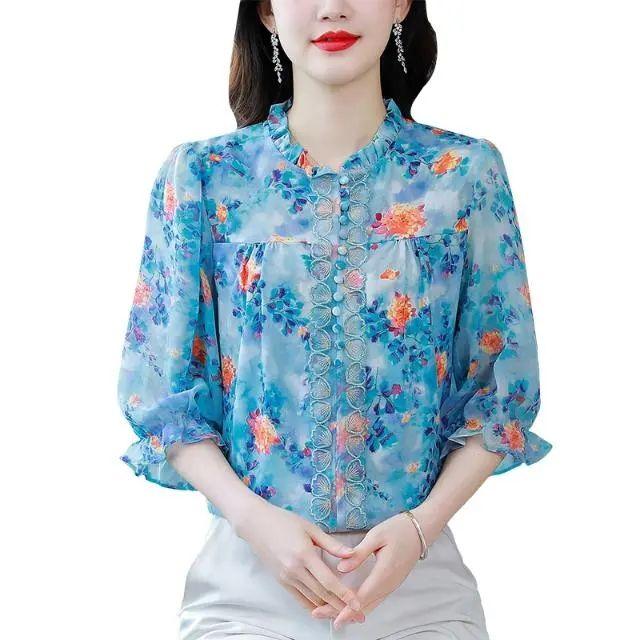 Новая летняя корейская тонкая рубашка с принтом для тяжелой промышленности, блузка с рукавами-фонариками, рубашка с половиной рукава для женских топов