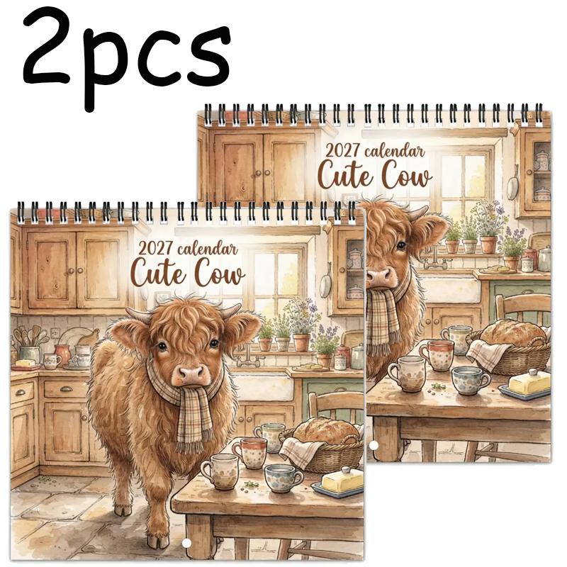 Cute Cow Kitchen Scene 2027 Wall Calendar Full 12 Months Coil Bound Large Font Date Mark Easy Wall Mount Lightweight Planner