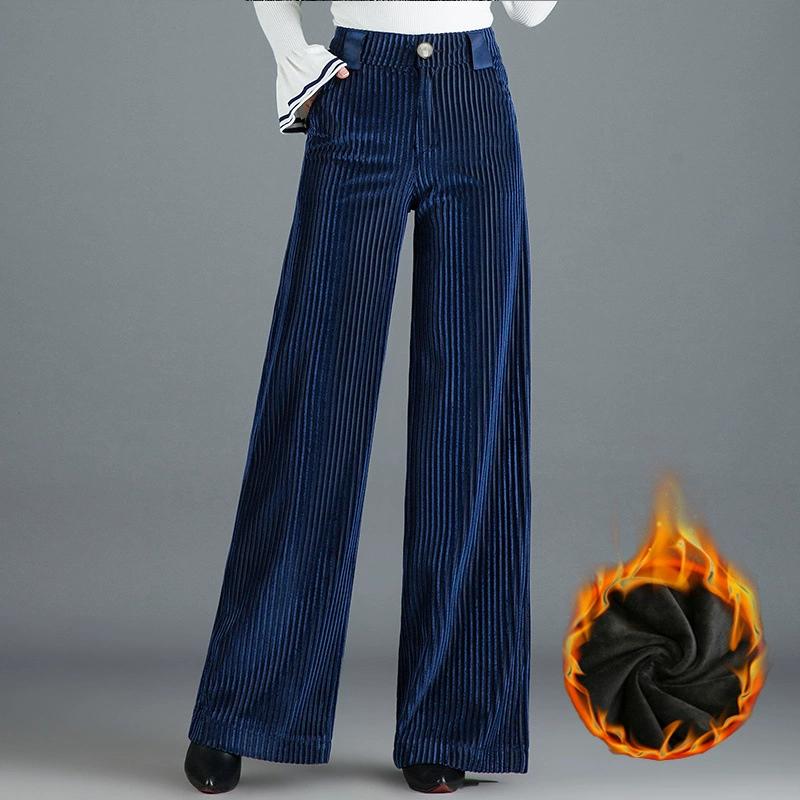 Simplicity Autumn Winter Plus Velvet Pleuche Pants Women Solid Pockets Zipper High Waist Fashion Full Length Wide Leg Trousers