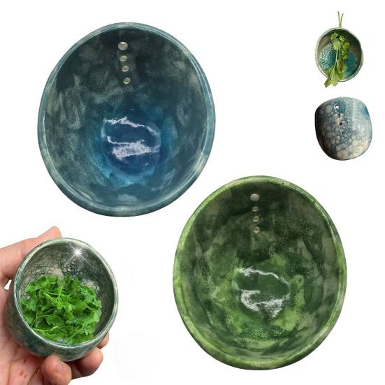 Herb Stripper Bowl Pottery Herb Leaf Removal Tool Kitchen 4-Hole Herb Stripper Meal Prep Tool for Kale Collards Herbs