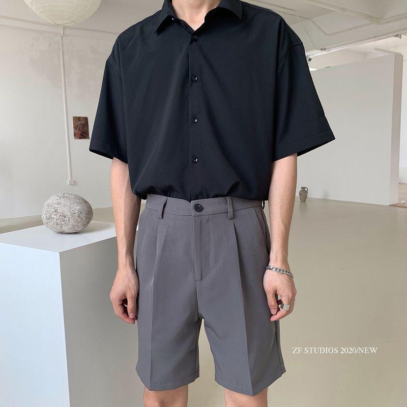 Мужская темно-зеленая ретро корейская свободная рубашка с коротким рукавом из ледяного шелка