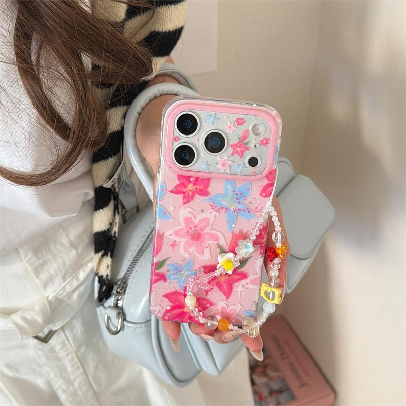 Kawaii Pink Blue Lily Floral Glitter Phone Case With Colorful Beaded Wrist Strap For iPhone 14 15 16 17 Pro Max INS Sweet Style