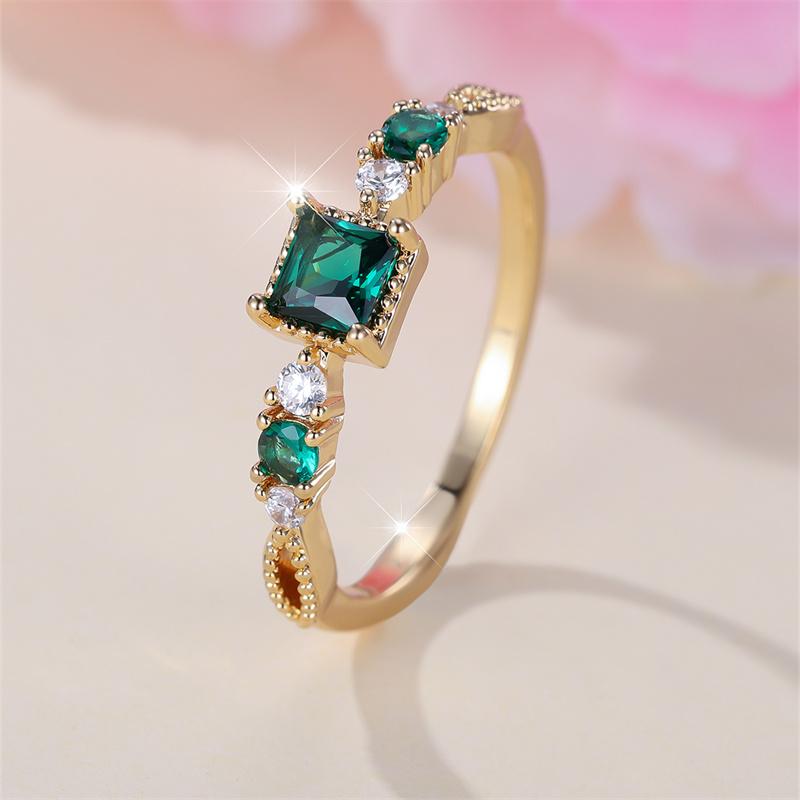 Trendy Square Green Stone Thin Rings For Women Gold Color White Zircon Stacking Wedding Bands Party Jewelry
