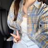Oversized Plaid Shirt Women Long Sleeve Loose Fit Button-Up Top Korean Style Lightweight Casual Blouse