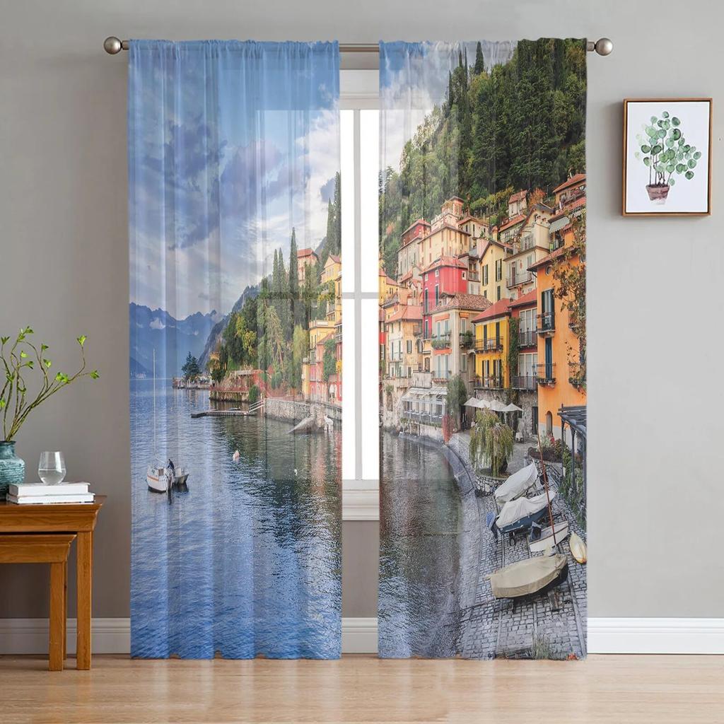 Italian Town Street Sheer Curtains for Living Room Transparent Tulle Window Treatments Bedroom Kitchen Home Decor Veil Drapes