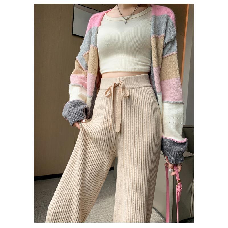 Модные осенне-зимние женские трикотажные брюки с широкими штанинами, новые свободные длинные брюки на шнурке с высокой талией, повседневные однотонные плиссированные брюки 2379