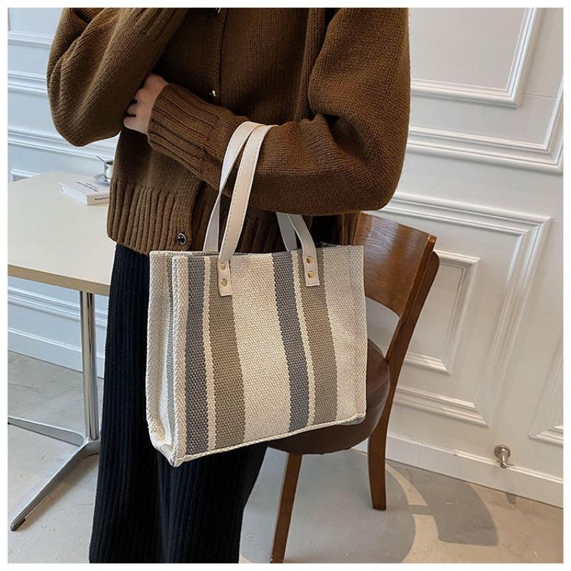 On The New Striped Simple Canvas Bag Autumn Korean Version Large Capacity Shoulder Bag Simple Foreign Fashion Bag