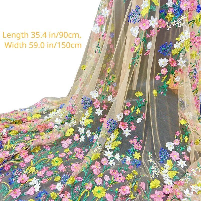 Colorful Floral Embroidery Lace Fabric Sewing for Bridal Dress Gown 90*150cm