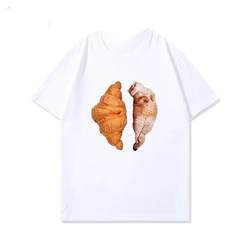 Cat Sandwich Pure Cotton Printed Unisexs and Womens Fashionable Short Sleeved New Personalized Casual Round Neck Tshirt