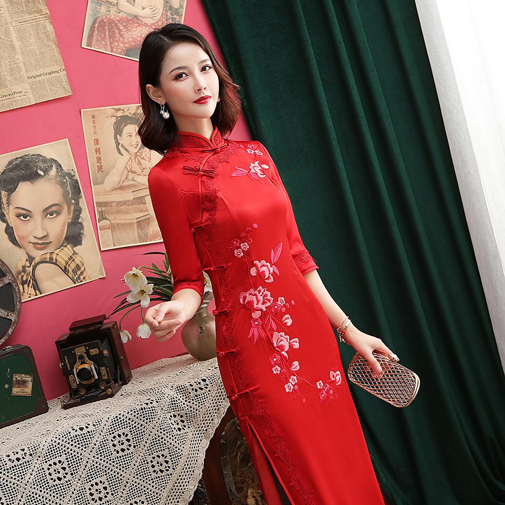 Современное платье-чеонгсам большого размера с вышивкой из шелка и винтажным шанхайским воротником, облегающее