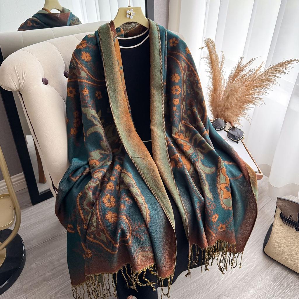 Ethnic Style Imitation Cashmere Scarf Travel Outside with Warm Scarf Retro Cape Fringed Cloak