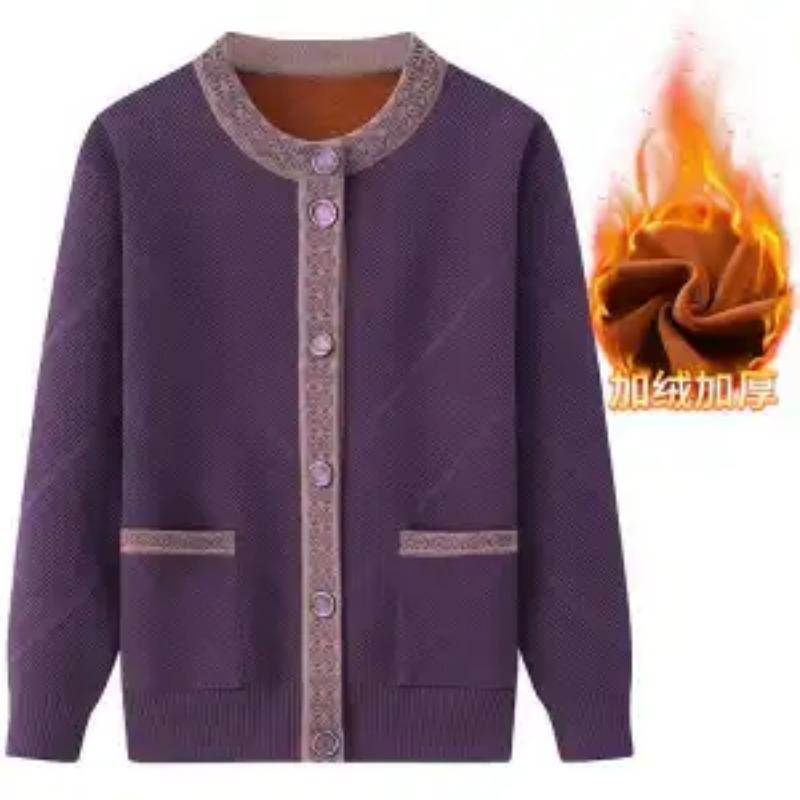Mom's Spring Autumn Coat Winter Clothes Plus Fluff Sweater Thickened Knitted Cardigan for Middle-aged Elderly People