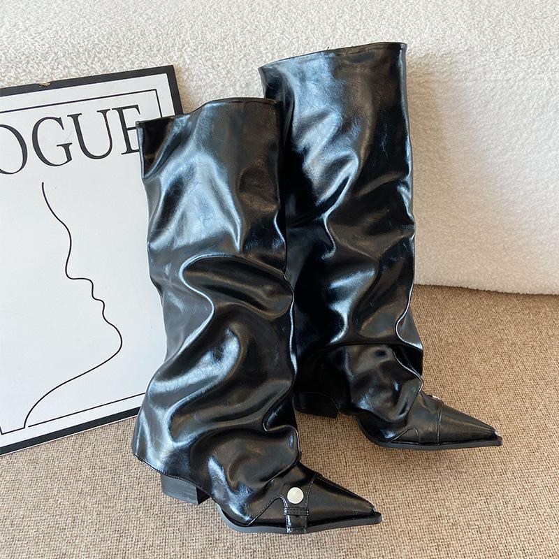 F7868-1 ботильоны с толстым каблуком, ботильоны с острым носком, длинные сапоги, женские 2025 осень и зима новая модель, сапоги с голенищем, длинные сапоги-рыцари