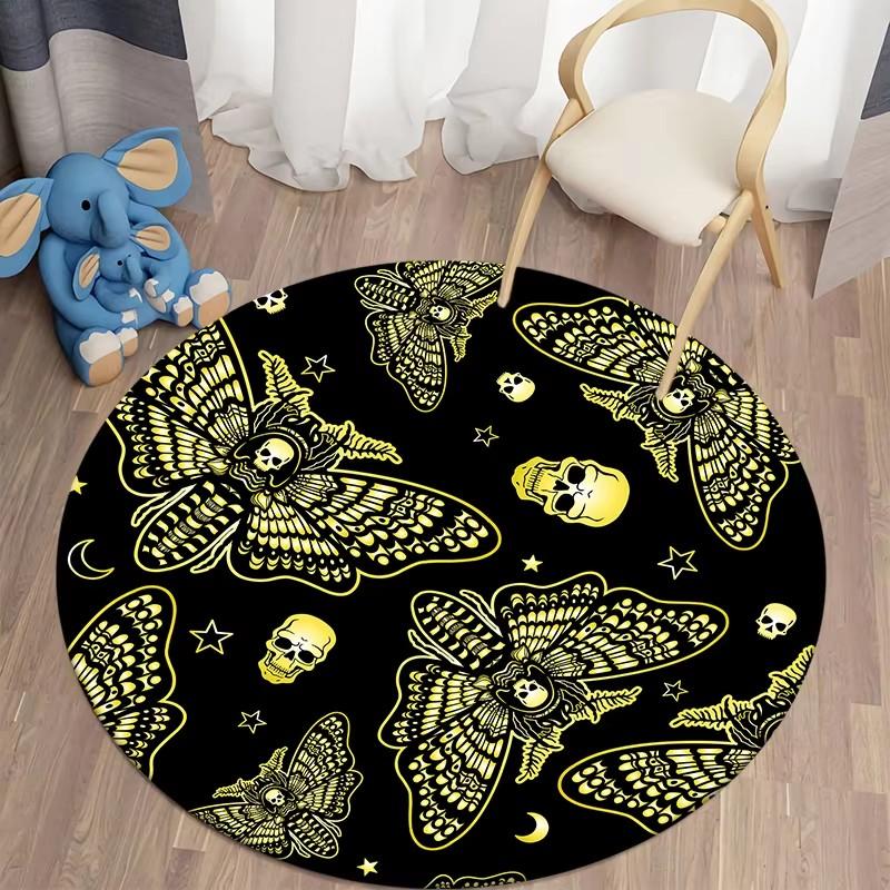 Death Moth Round Carpet Gothic Skull Round Floor Mat Butterfly Moon Living Room Carpets Bathroom Kitchen Area Rug Doormat Decor