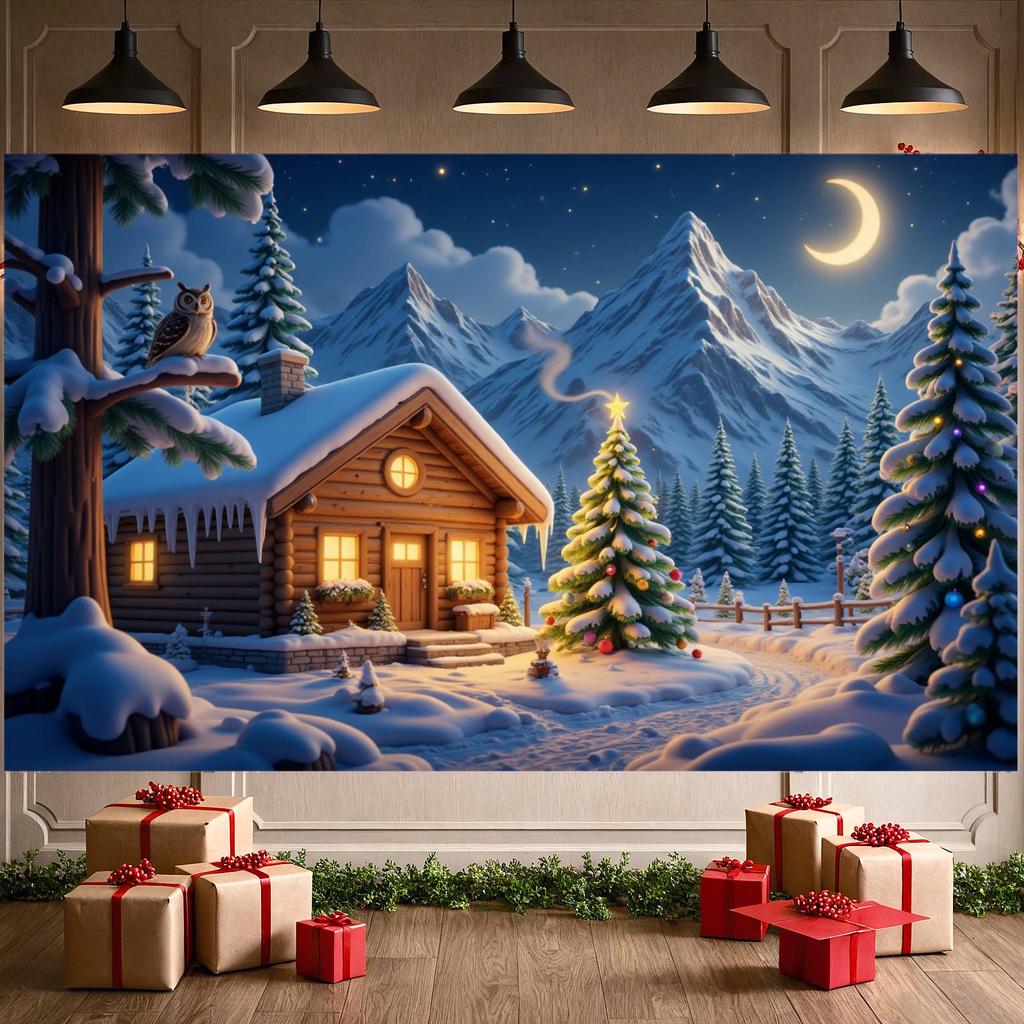Festive Banner Snowy Theme Christmas Tree Banner Cabin Banner Cabin Scene For Home Decor Indoor Display Winter Festival