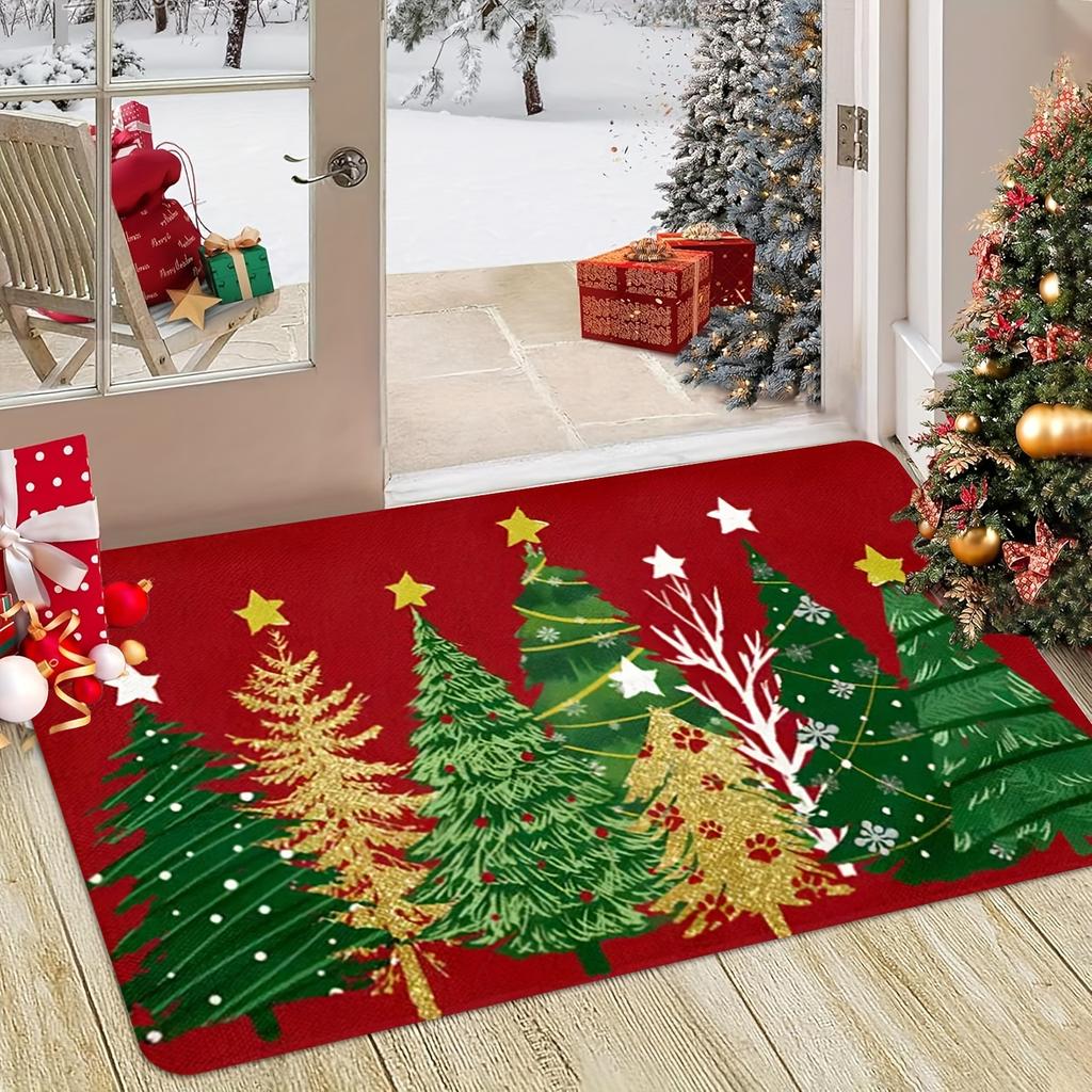 Festive Holiday Floor Rug Christmas Text Slogan Snowflakes Xmas Trees Reindeer Creative Pattern Decor Area Rug Porch Ornament
