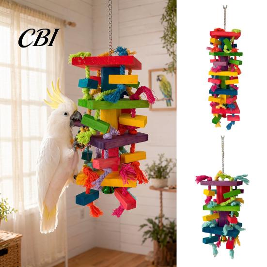 Parrot Teeth Grinding Toy Chewing for Macaws African Greys, Colorful Wooden Block Puzzle with Non-toxic Bird Cotton Tassels, Hanging Interactive