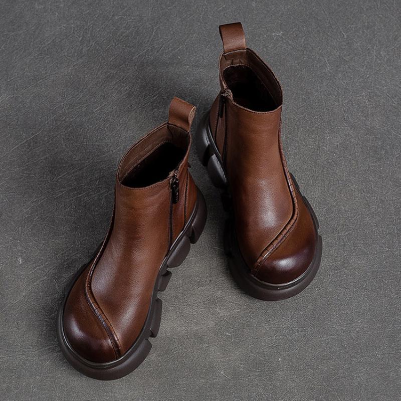 Johnature Короткие сапоги из натуральной кожи с боковыми молниями. Универсальная женская обувь в стиле ретро на толстой подошве.