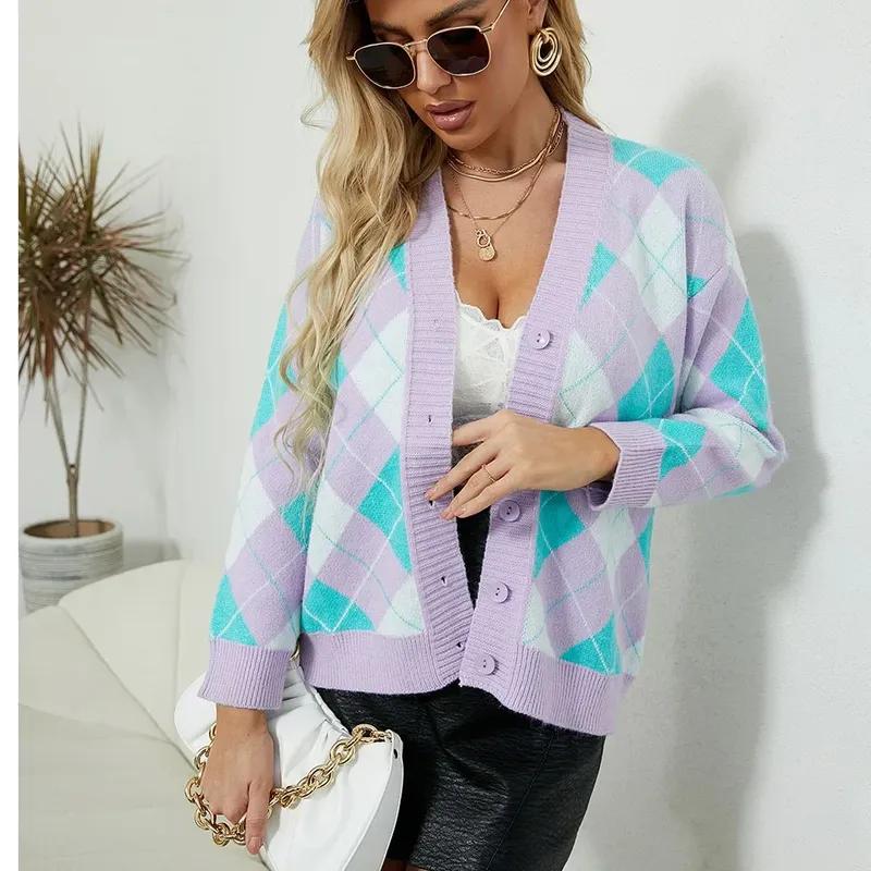 Повседневный вязаный кардиган с геометрическим принтом, осенне-зимний контрастный свитер, пальто, универсальный свитер с длинными рукавами и v-образным вырезом, куртка 30099