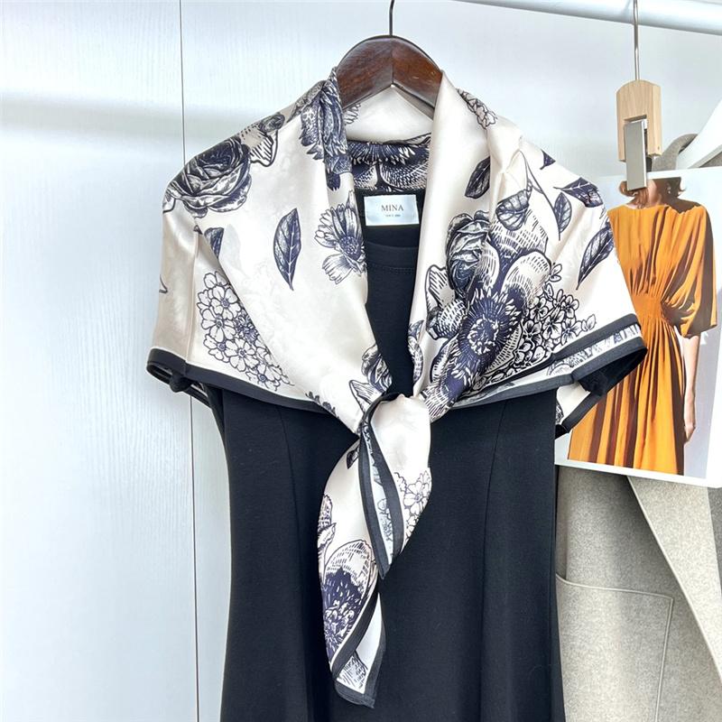 88*88cm 100% Mulberry Silk Retro Floral Garden Oil Painting Pattern Square Scarf Thin Sunblock Beach Towel Shawl Neckerchief