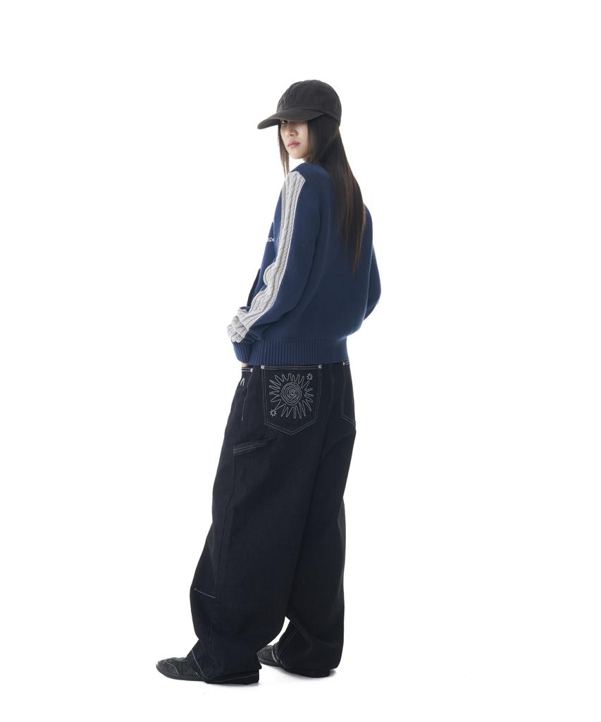 AAKAM Sun Jacquard Zip-Up Sweater (Navy)