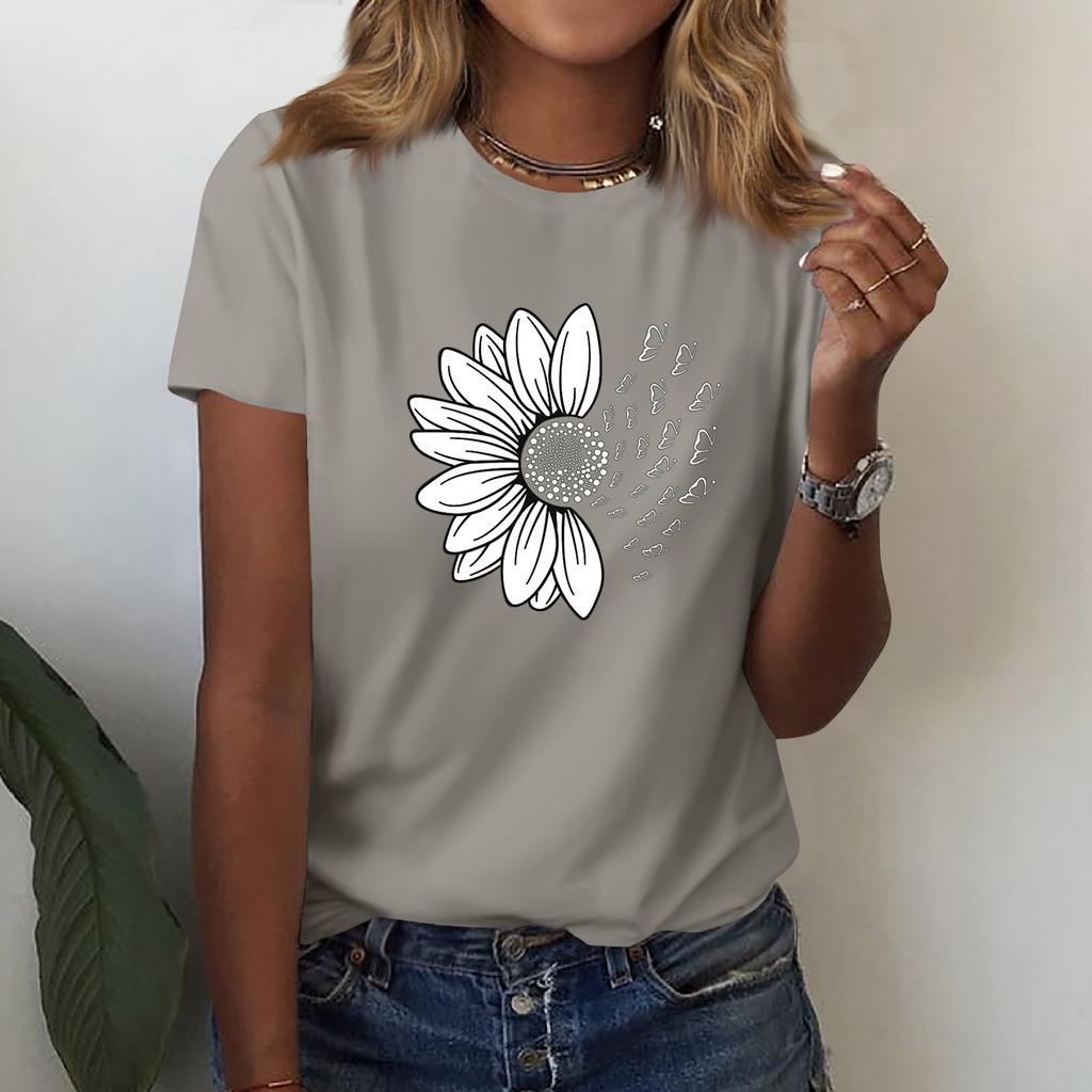 Женская рубашка с короткими рукавами, v-образный вырез, модная футболка с принтом подсолнухов, повседневный топ, топ с короткими рукавами длиной до плеч
