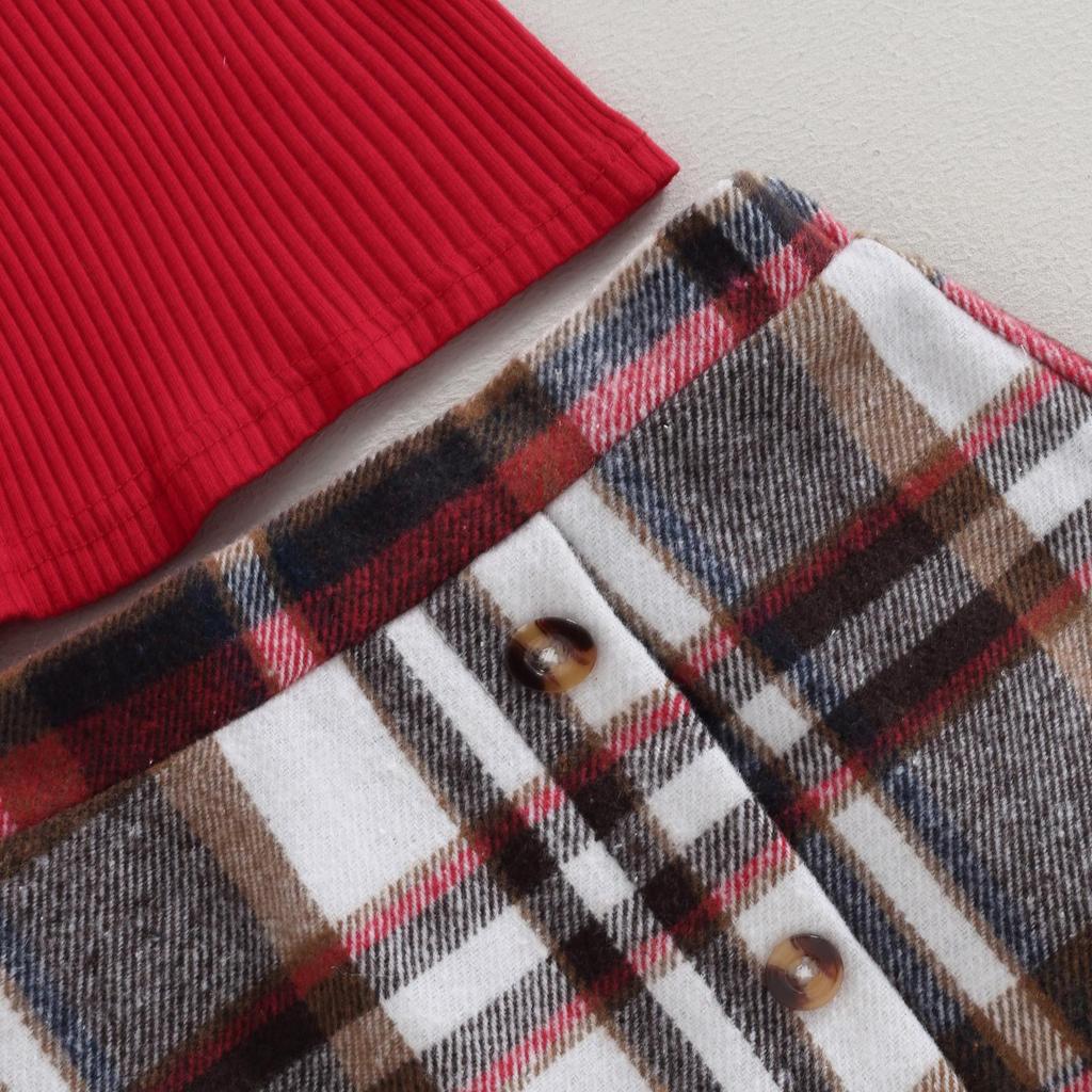 Юбка для девочек, вязаный топ с рукавами-фонариками и мини-юбка в клетку, комплект из 2 предметов, осенняя одежда для вечеринки