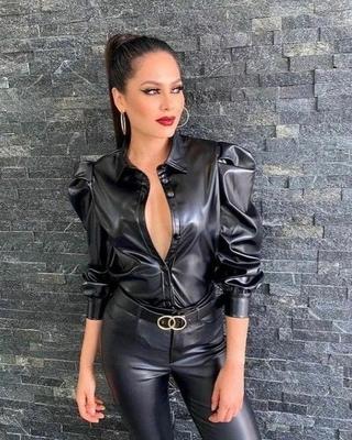 Подлинная стильная повседневная женская официальная рубашка из натуральной овчины ручной работы черного цвета