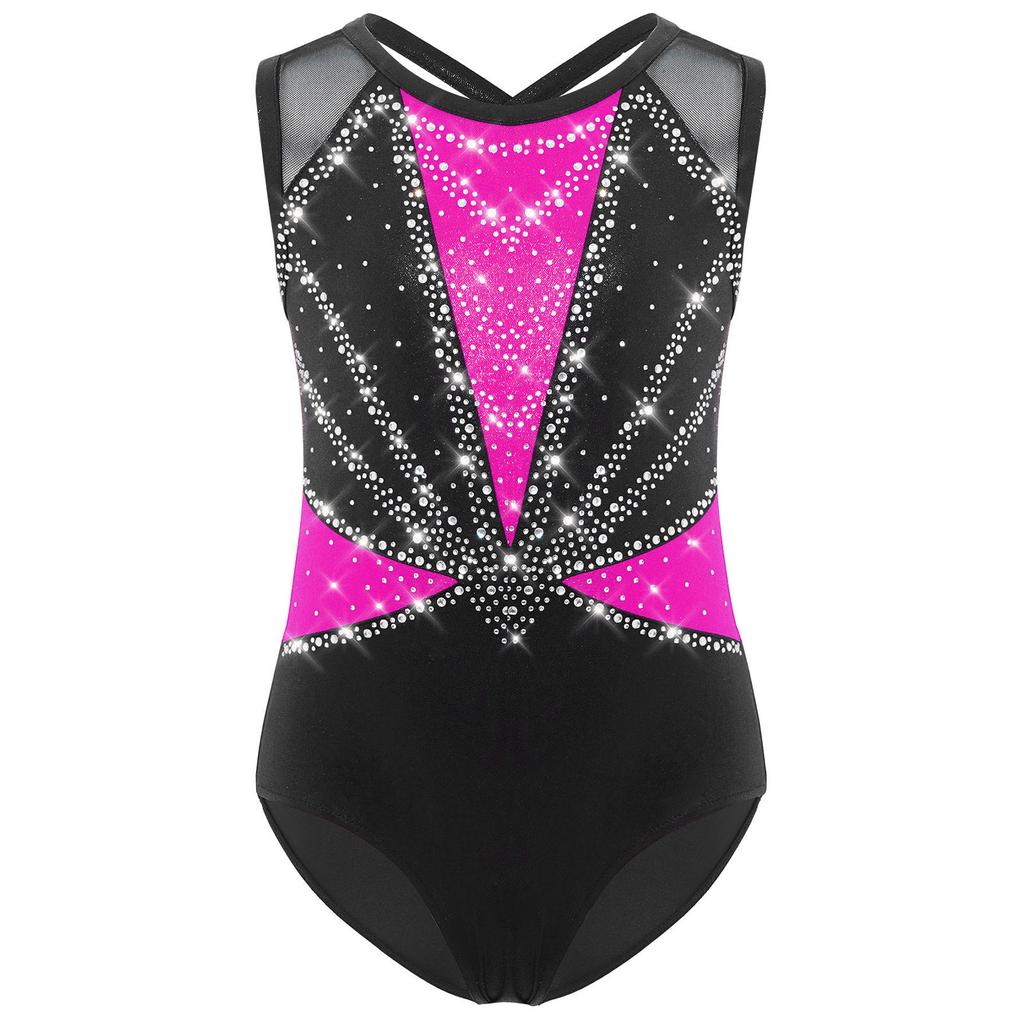 Детский купальник для девочек с перекрещивающимися бретелями на спине, без рукавов, с круглым вырезом, блестящими стразами, металлический танцевальный костюм