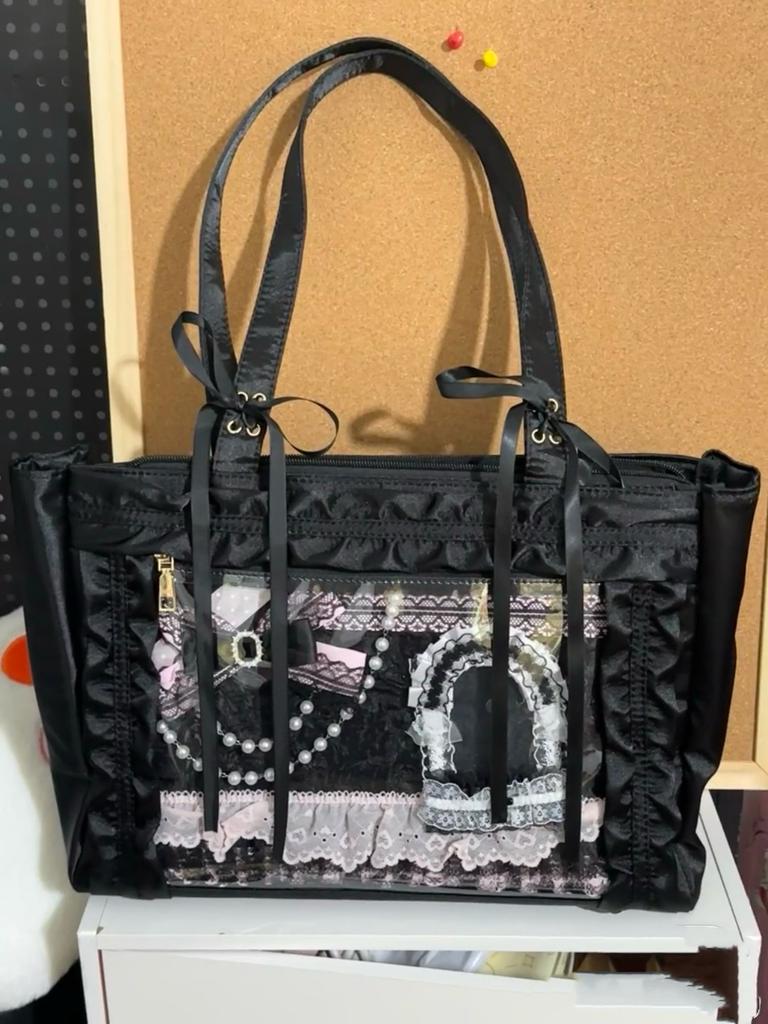 Japanese Sweet Cute Satin Bow Tie Shoulder Bag Women Transparent Badge Anime Ita Bag Ladies Large Capacity Square Handbag 2025