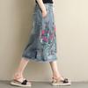 Женская юбка миди с эластичным шнурком на талии, вышитым цветочным узором, джинсовая юбка с карманами, боковые разрезы по низу юбки
