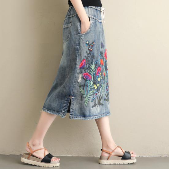 Женская юбка миди с эластичным шнурком на талии, вышитым цветочным узором, джинсовая юбка с карманами, боковые разрезы по низу юбки