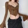 Коричневая осенне-зимняя винтажная однотонная кружевная футболка с разрезом и рогами с короткими и длинными рукавами, топ