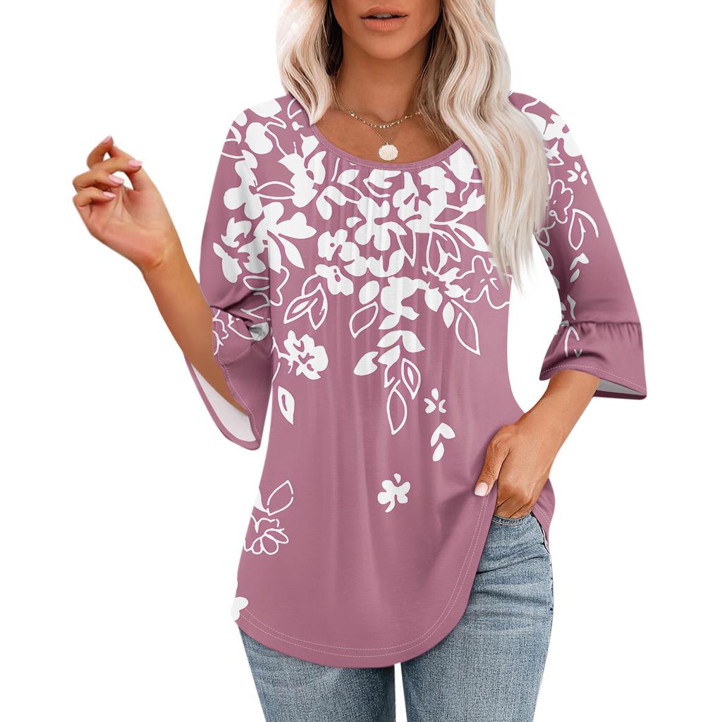 Женские топы с рукавами-колокольчиками 3/4, летние плиссированные рубашки с круглым вырезом, модные нарядные повседневные блузки-туники свободного покроя