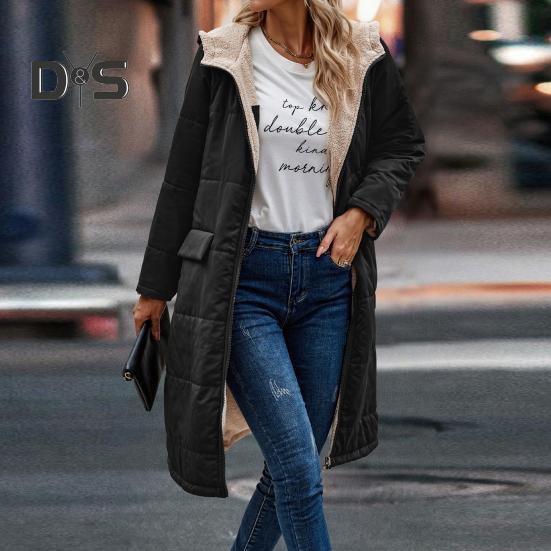 Women Winter Splicing Long Coat Hooded Long Sleeve Fleece Lining Outwear Zipper Placket Pockets Double Sided Wear Long Down Jacket