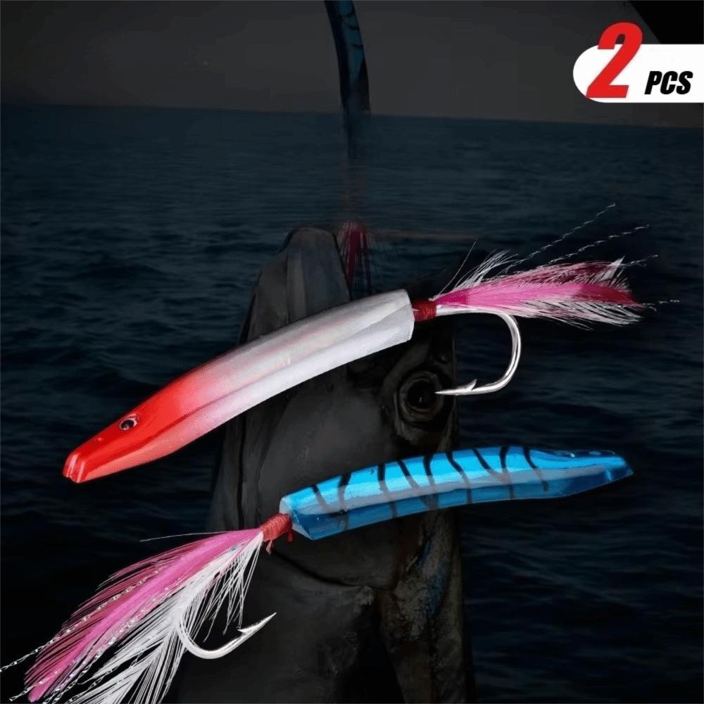 2pcs Feather Bait Fishing Lure Bow Horn Artificial Bait Skittering Action Matel Jig Bait Long Cast