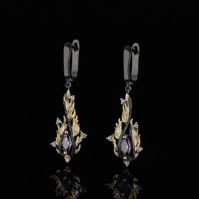 Стильные длинные фиолетовые серьги-капли из циркония, изысканные серьги в форме перьев из черного золота, подарок на годовщину