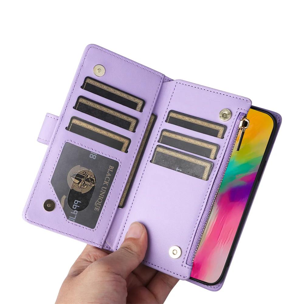 Wrist Strap Zipper Wallet with Card Holder Phone Case for IPhone 16 15 Plus 14 13 12 11 7 8 Pro Max XS X Crossbody Leather Cover