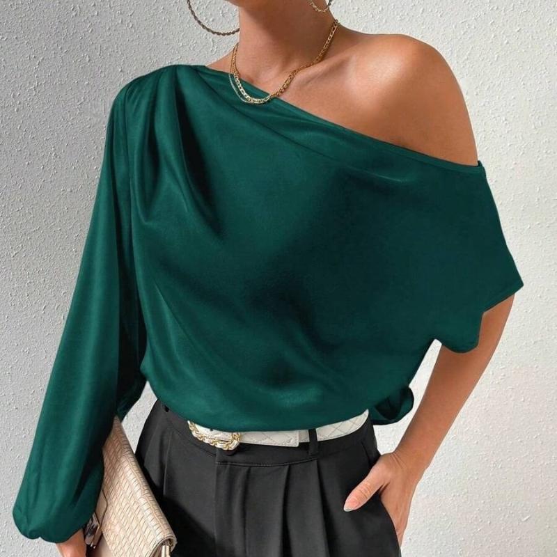 Сексуальные элегантные повседневные блузки с косым воротником и длинным рукавом, женские модные рубашки с открытыми плечами, топы, однотонные, простые, приталенные, женские блузки 26399