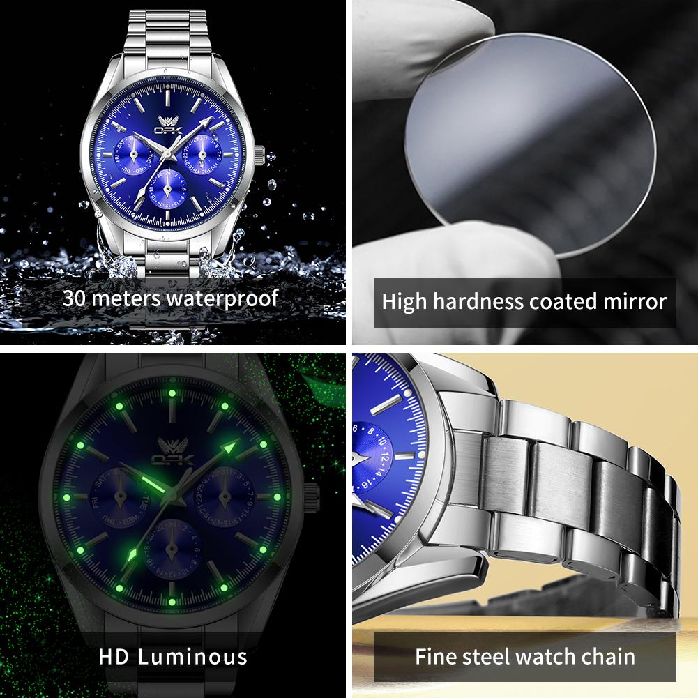OPK 6024 Mens Watch Original New Fashion Brand Quartz Watch Stainless Steel Waterproof Luminous Three Small Dial Watches For Men