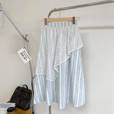 Женская летняя синяя полосатая кружевная юбка миди А-силуэта - Винтажный стиль, артистичный, на резинке, с высокой талией и прилегающим силуэтом