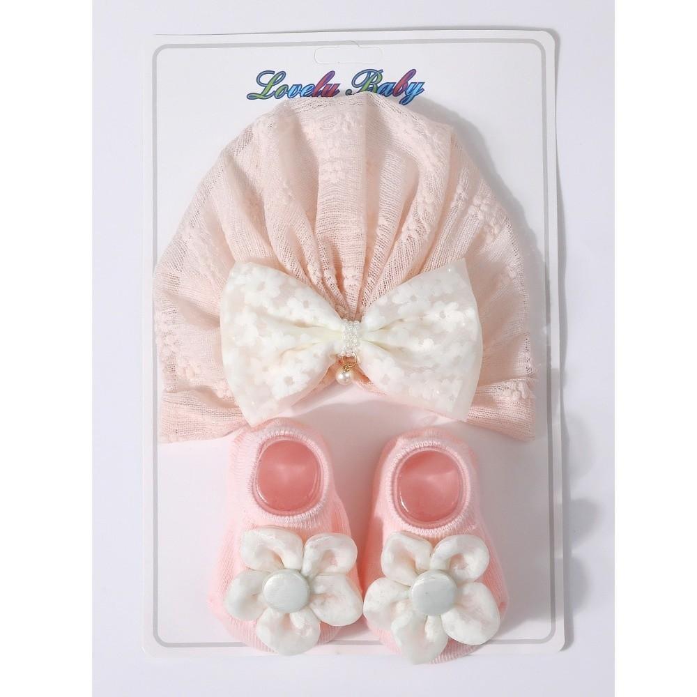 Lace Bowknot Baby Hat Socks Set Anti-Slip Sole Baby Girl Headwrap Set For Newborn