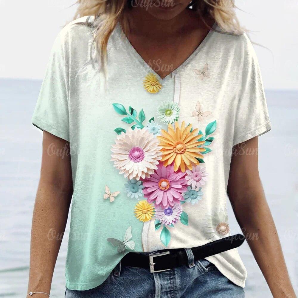 Топ женская футболка летняя мода с цветочным принтом бабочки футболки с короткими рукавами футболка с v-образным вырезом для женской одежды больших размеров