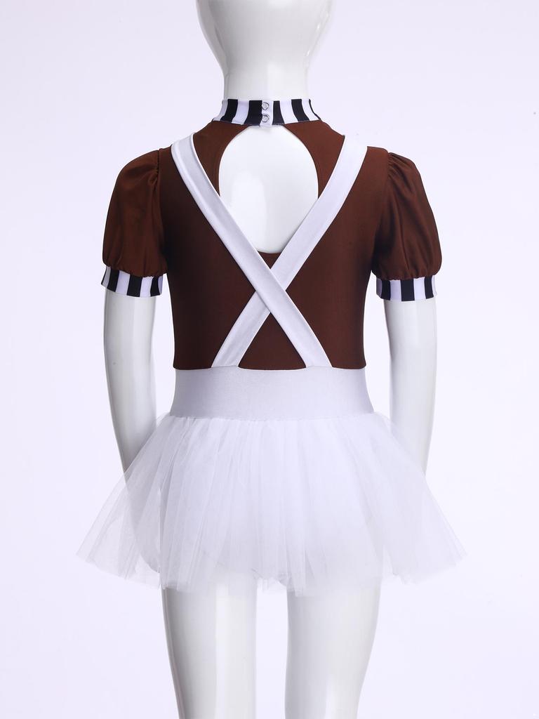 Kids Girls Chocolate Factory Worker Halloween Costume Mock Neck Short Stripe-Cuffed Sleeves Back Cut Puffy Built-In Crotch Press Buttons Dress Braces