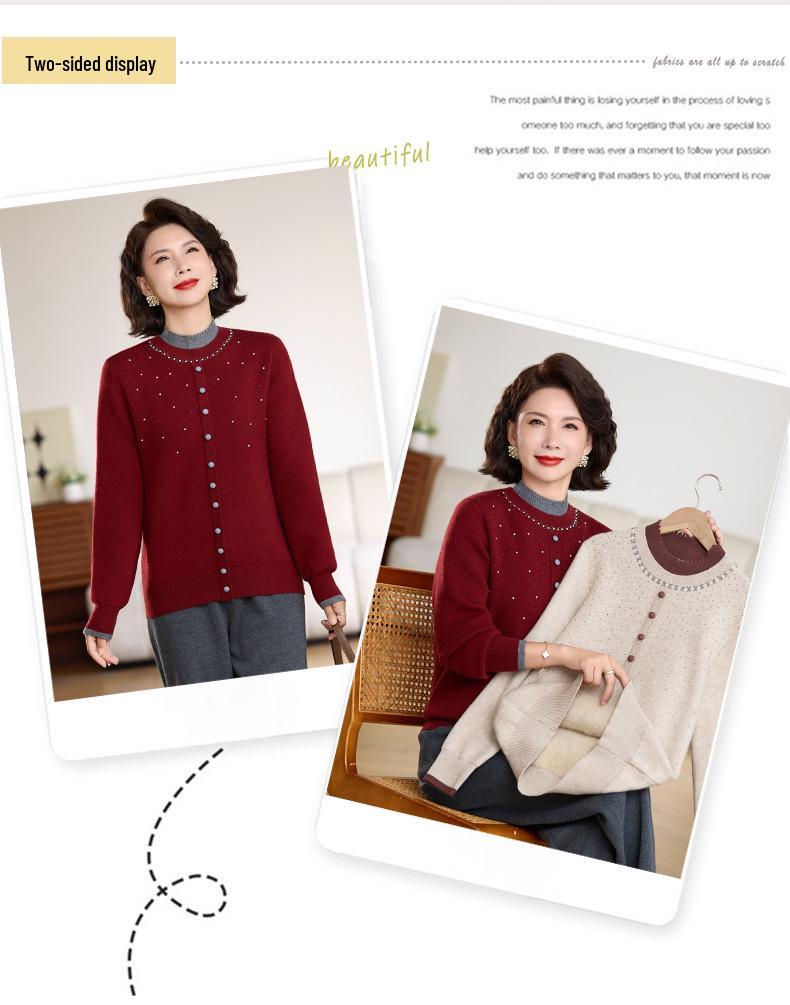 Elegant Winter Half-Collar Knit Sweater for Middle-Aged & Older Women – Velvet-Lined and Warm Two-Piece Look