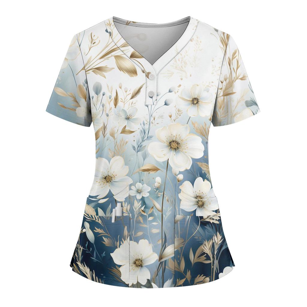 Женская свободная футболка с коротким рукавом, модным принтом цветов и растений, V-образным вырезом, застегивающаяся на пуговицы, с боковым разрезом