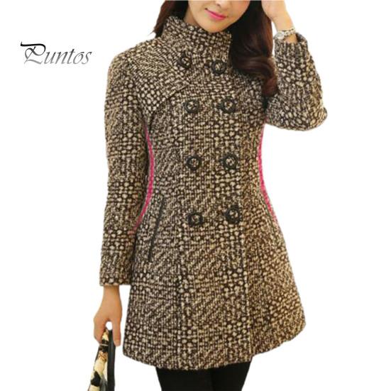 Midi Length Women Winter Coat Thick Plaid Print Double-breasted Turn-down Collar Overcoat Keep Warm Buttons Long Sleeves Mother for Work