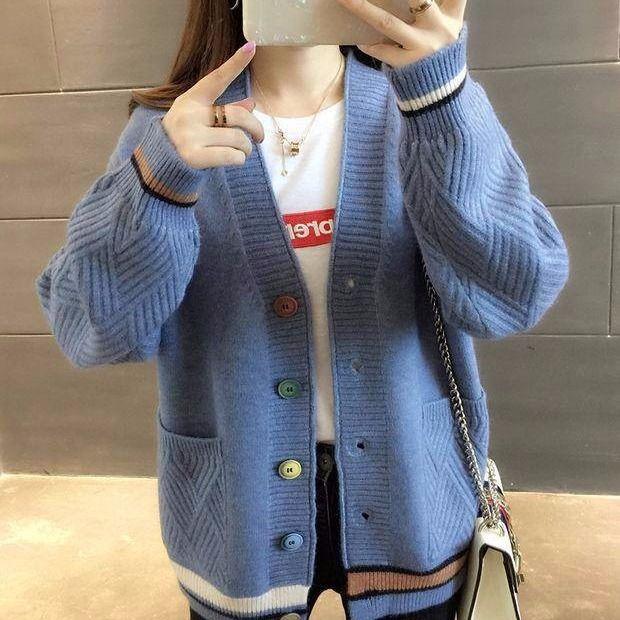 2025 Весна и осень Новый свободный V-образный вырез ромбовидной сеткой вязаный кардиган женская куртка вязаный свитер верхняя женская одежда